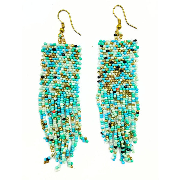 Handcrafted Aqua Blue and Gold Beaded Earrings with Fringe by Vibhura-Vibhura