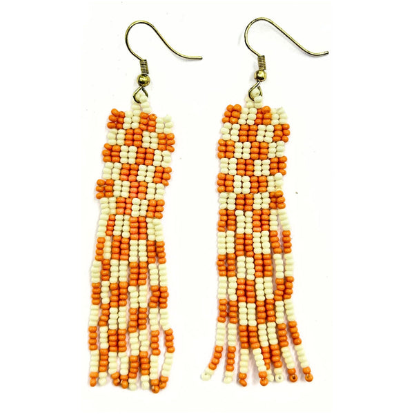 Handmade Orange and White Checkered Beaded Fringe Earrings by Vibhura-Vibhura