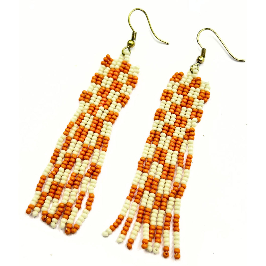 Handmade Orange and White Checkered Beaded Fringe Earrings by Vibhura-Vibhura