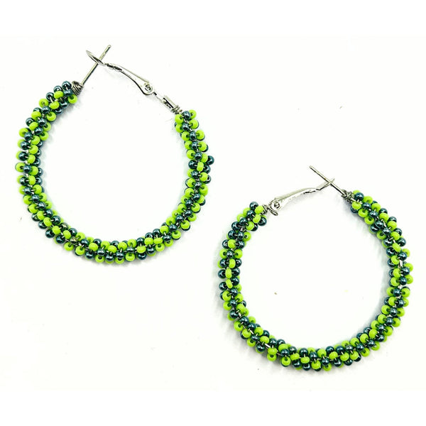 Handmade Neon Green Beaded Hoop Earrings by Vibhura-Vibhura