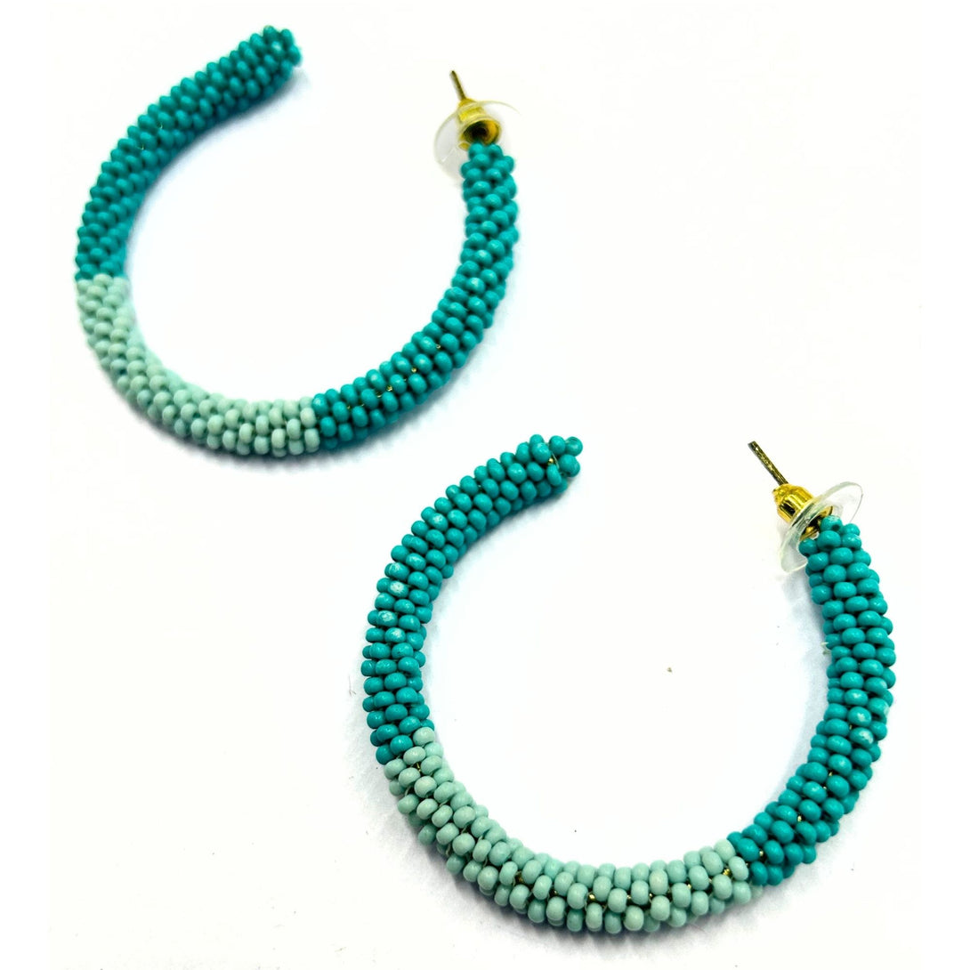 Handcrafted Ombre Turquoise Beaded Hoop Earrings by Vibhura-Vibhura