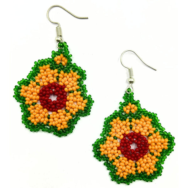 Handcrafted Green and Orange Floral Beaded Earrings by Vibhura-Vibhura