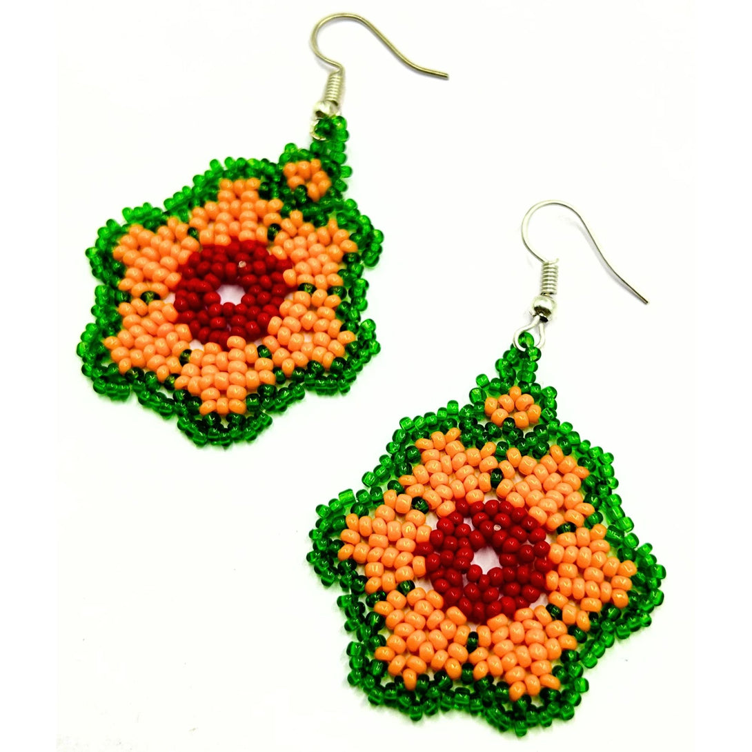 Handcrafted Green and Orange Floral Beaded Earrings by Vibhura-Vibhura