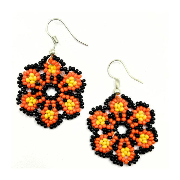 Handmade Black and Orange Floral Beaded Earrings by Vibhura-Vibhura