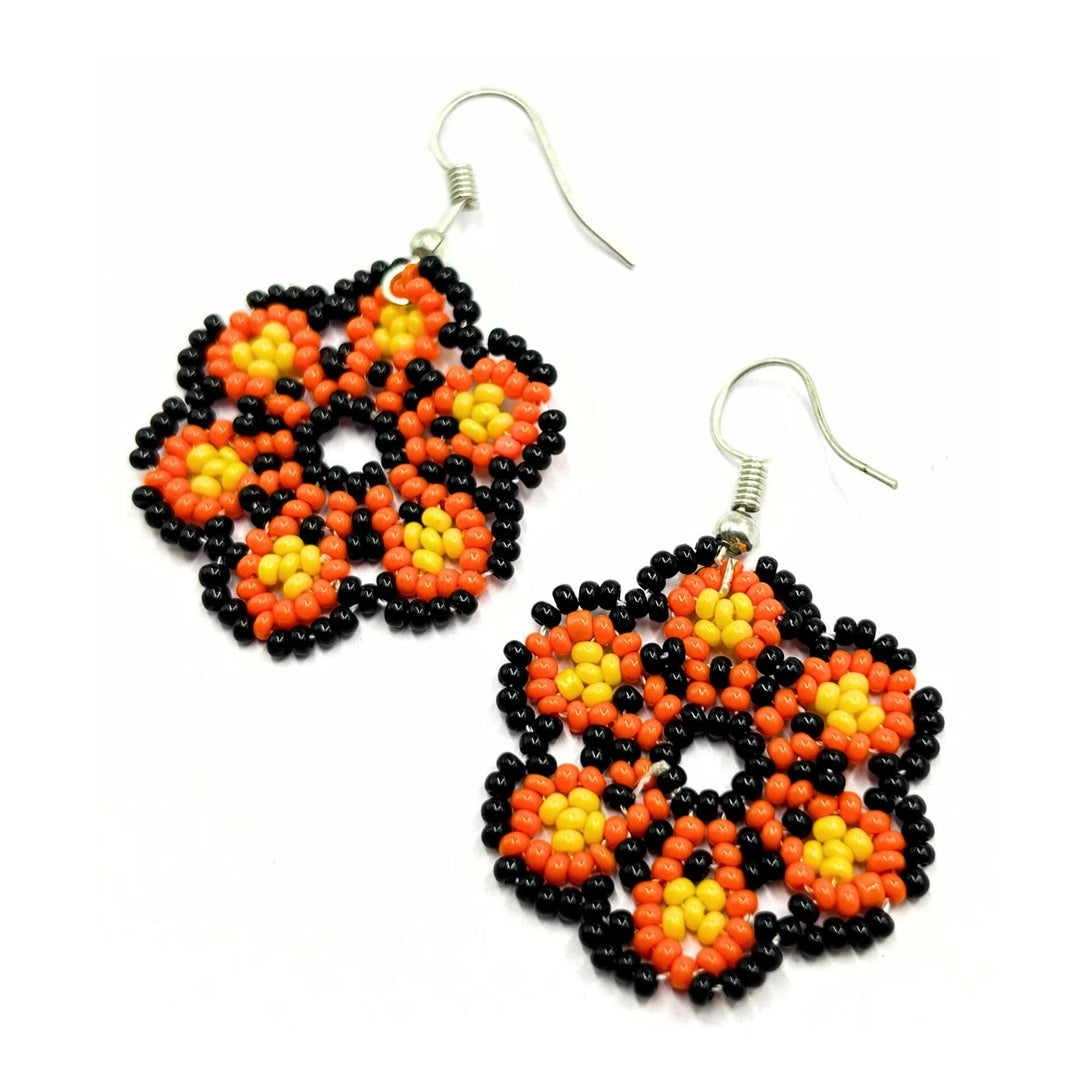 Handmade Black and Orange Floral Beaded Earrings by Vibhura-Vibhura