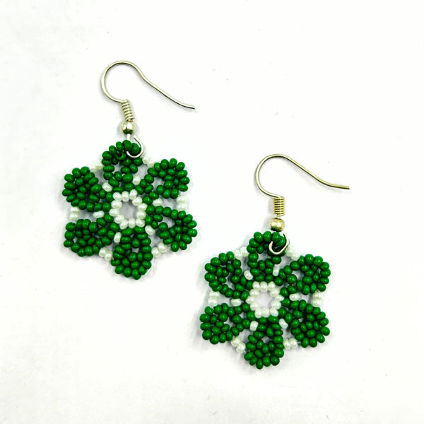 Handmade Green and White Floral Beaded Earrings by Vibhura-Vibhura