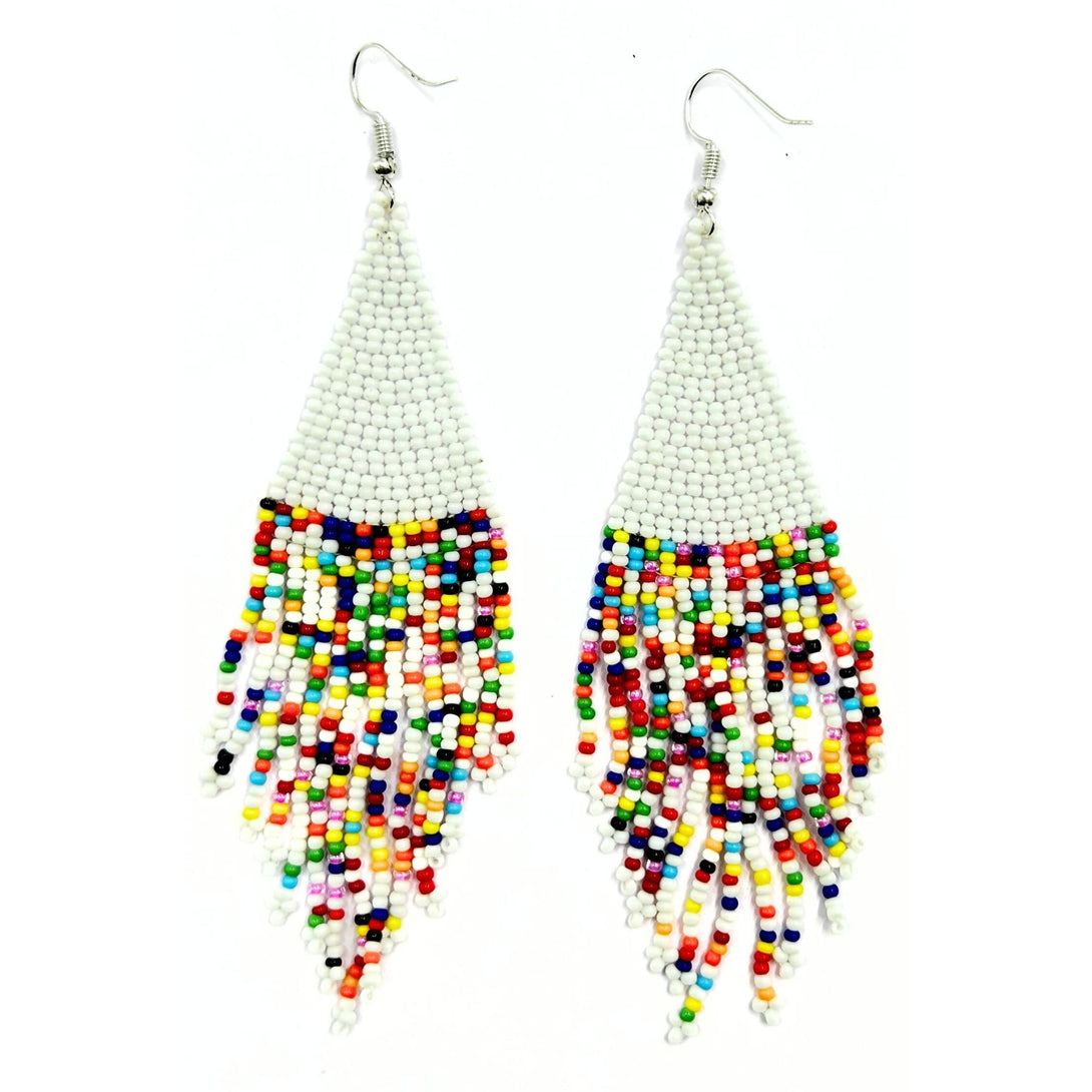 Handmade White and Multicolor Beaded Fringe Earrings by Vibhura-Vibhura