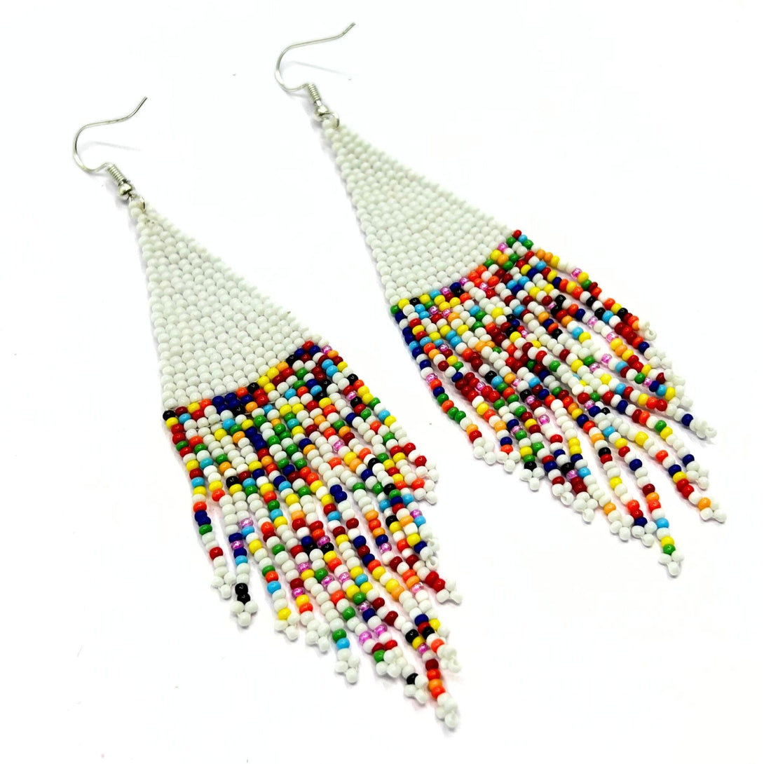 Handmade White and Multicolor Beaded Fringe Earrings by Vibhura-Vibhura