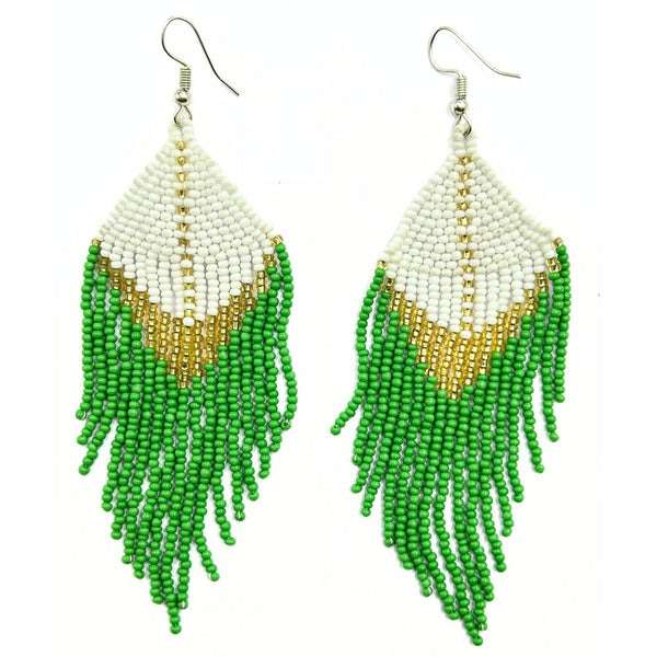 Handmade Green and Gold Beaded Fringe Earrings by Vibhura-Vibhura