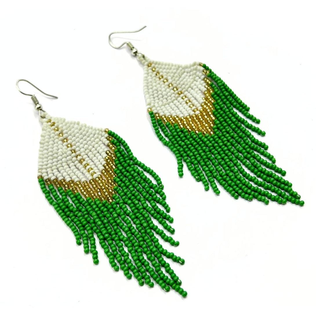 Handmade Green and Gold Beaded Fringe Earrings by Vibhura-Vibhura