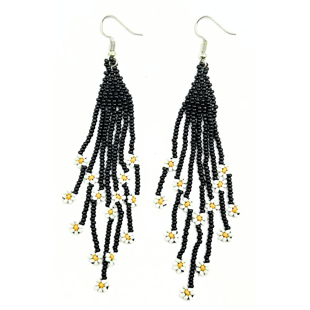 Handmade Black Beaded Earrings with White Flower Accents by Vibhura-Vibhura