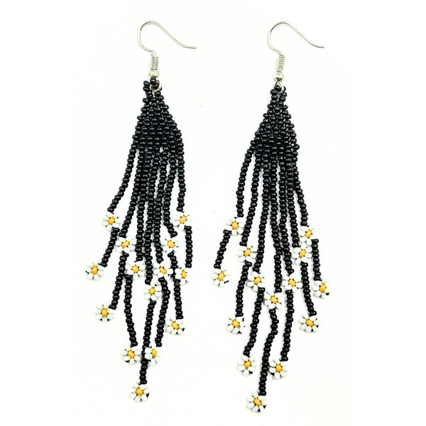 Handmade Black Beaded Earrings with White Flower Accents by Vibhura-Vibhura