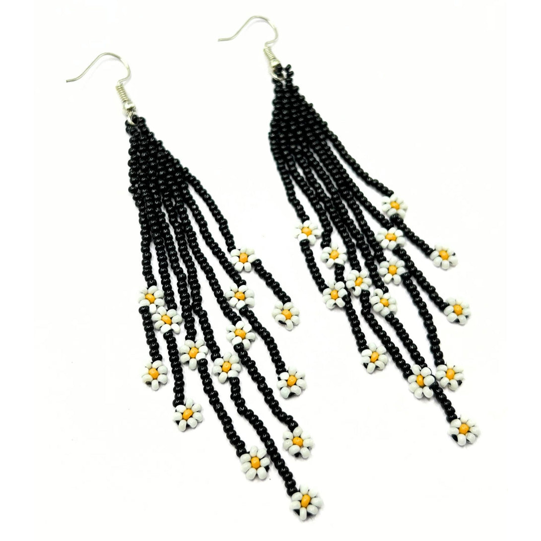 Handmade Black Beaded Earrings with White Flower Accents by Vibhura-Vibhura