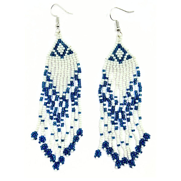 Handmade White and Blue Beaded Fringe Earrings by Vibhura-Vibhura