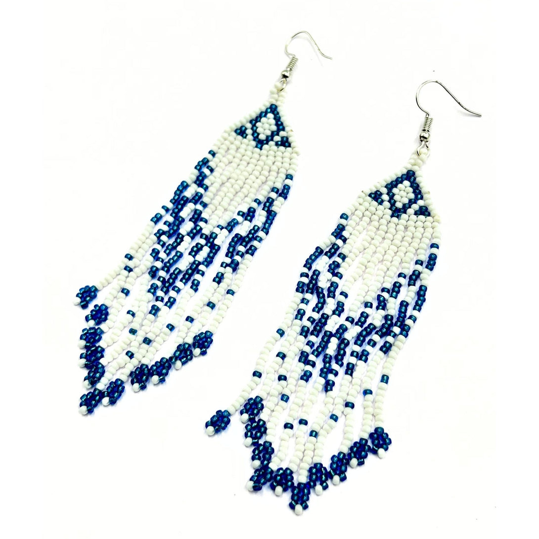 Handmade White and Blue Beaded Fringe Earrings by Vibhura-Vibhura