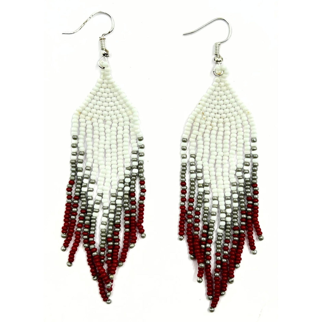 Handmade White, Silver, and Red Beaded Fringe Earrings by Vibhura-Vibhura