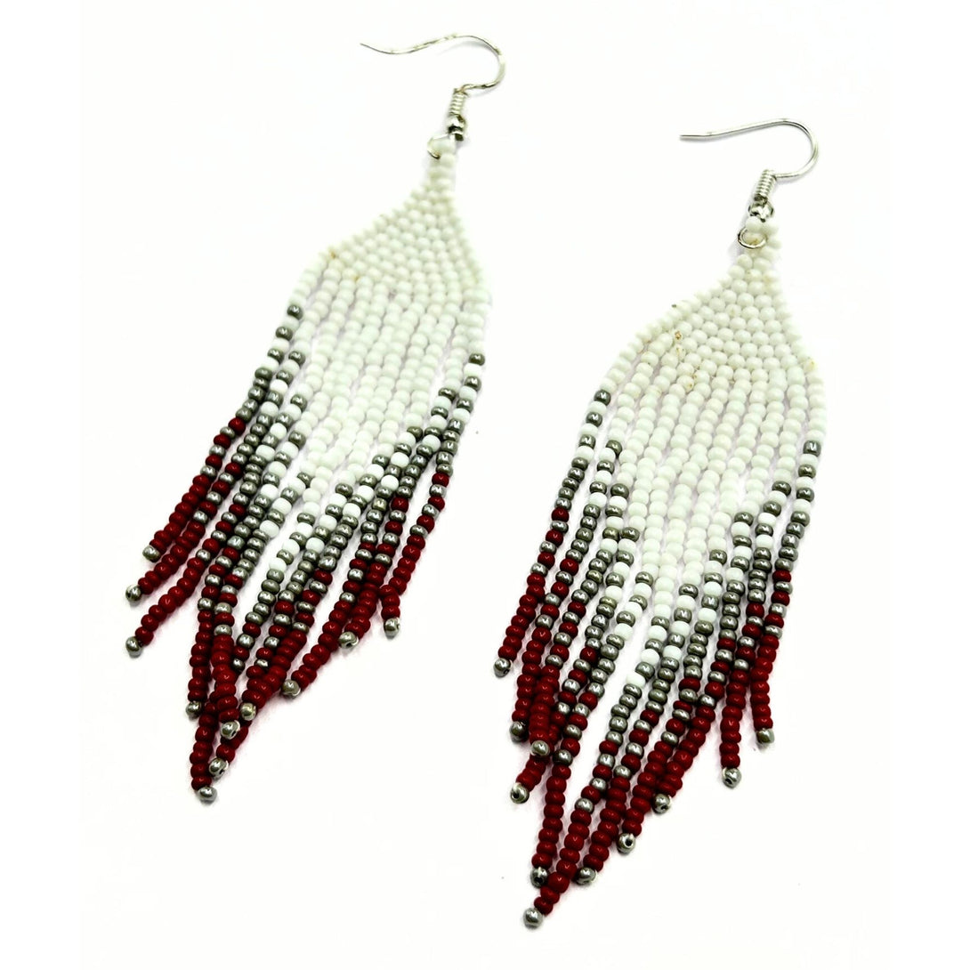 Handmade White, Silver, and Red Beaded Fringe Earrings by Vibhura-Vibhura