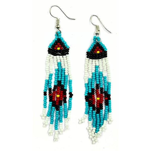 Handmade Turquoise, Red, and Black Beaded Geometric Fringe Earrings by Vibhura-Vibhura