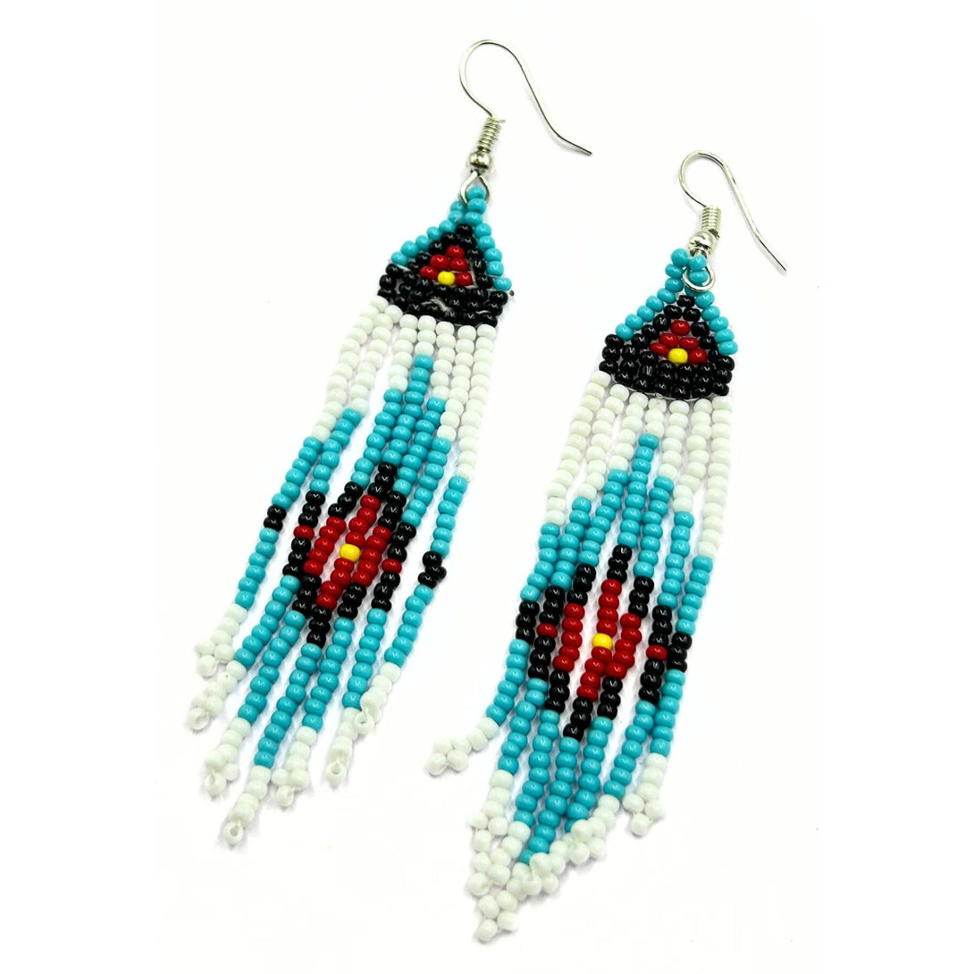 Handmade Turquoise, Red, and Black Beaded Geometric Fringe Earrings by Vibhura-Vibhura