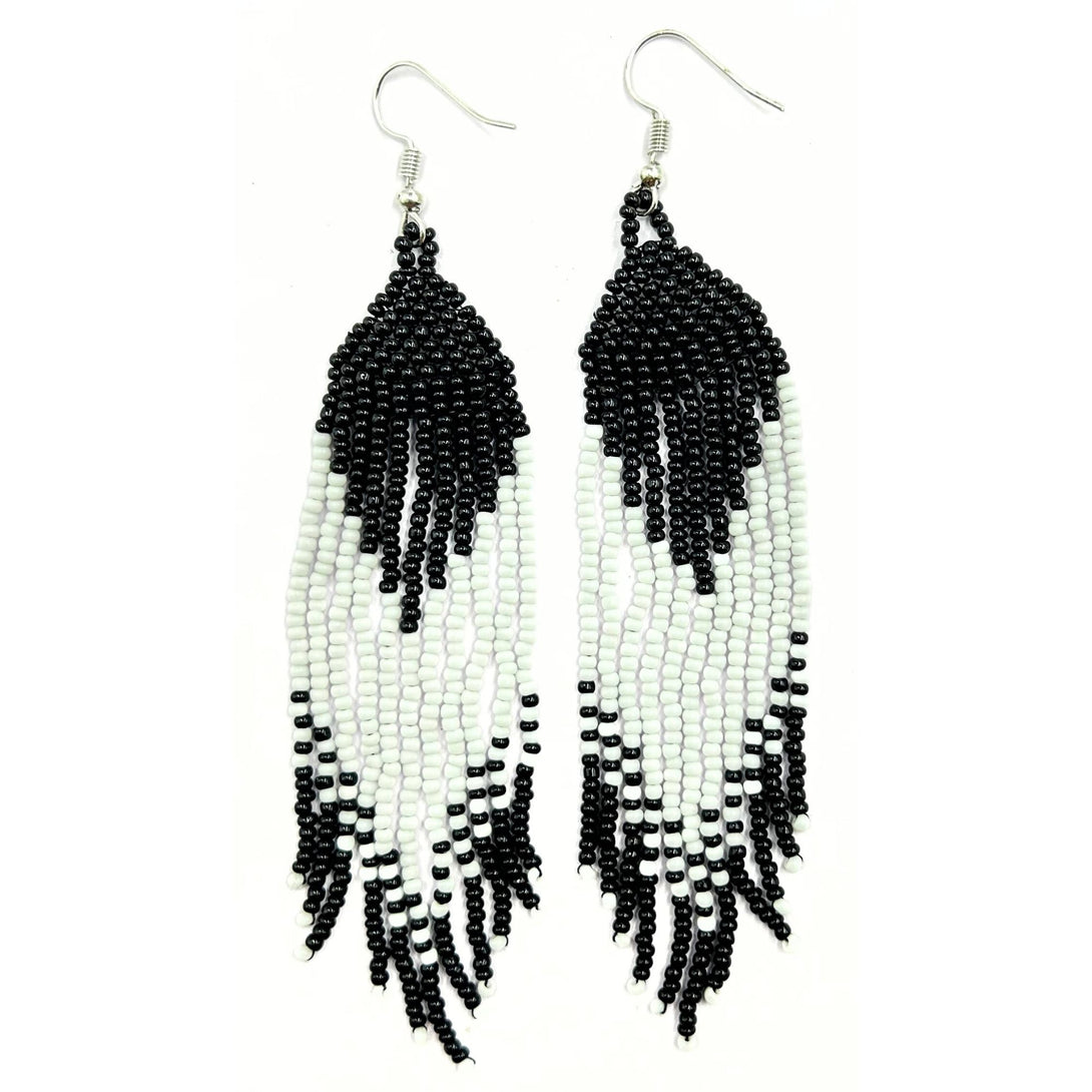 Handmade Black and White Beaded Fringe Earrings by Vibhura-Vibhura