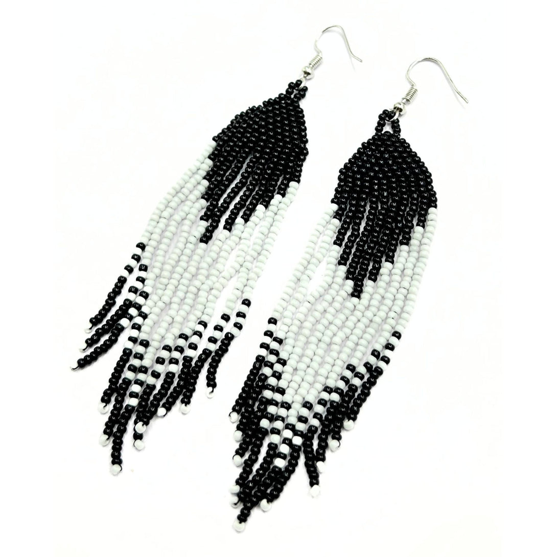 Handmade Black and White Beaded Fringe Earrings by Vibhura-Vibhura