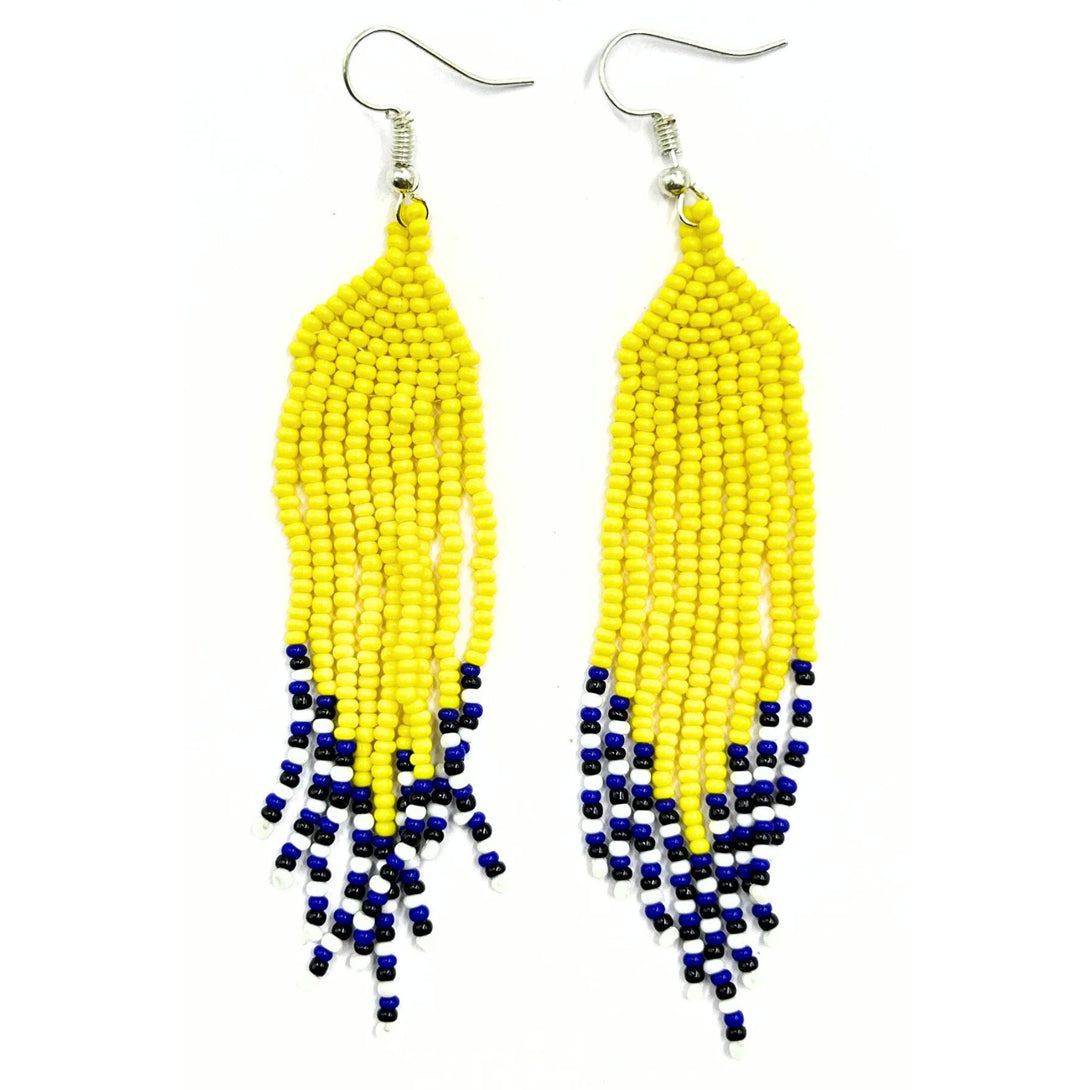 Handmade Yellow and Blue Beaded Fringe Earrings by Vibhura-Vibhura