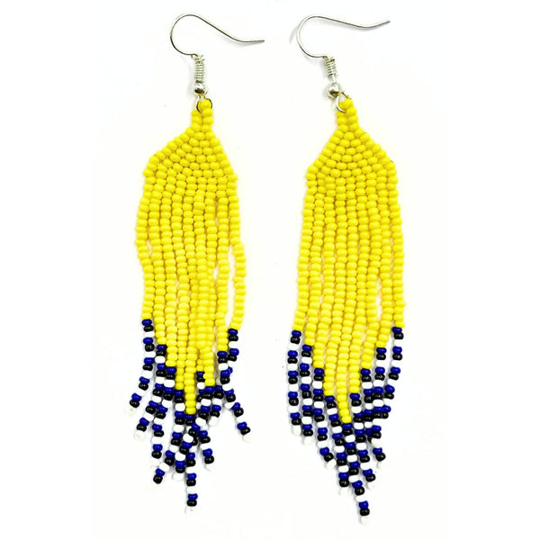 Handmade Yellow and Blue Beaded Fringe Earrings by Vibhura-Vibhura