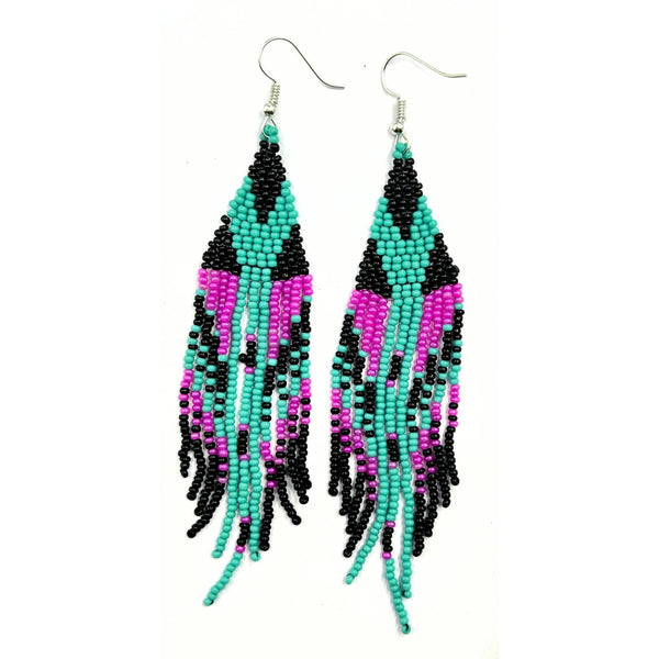 Handmade Turquoise, Pink, and Black Beaded Fringe Earrings by Vibhura-Vibhura