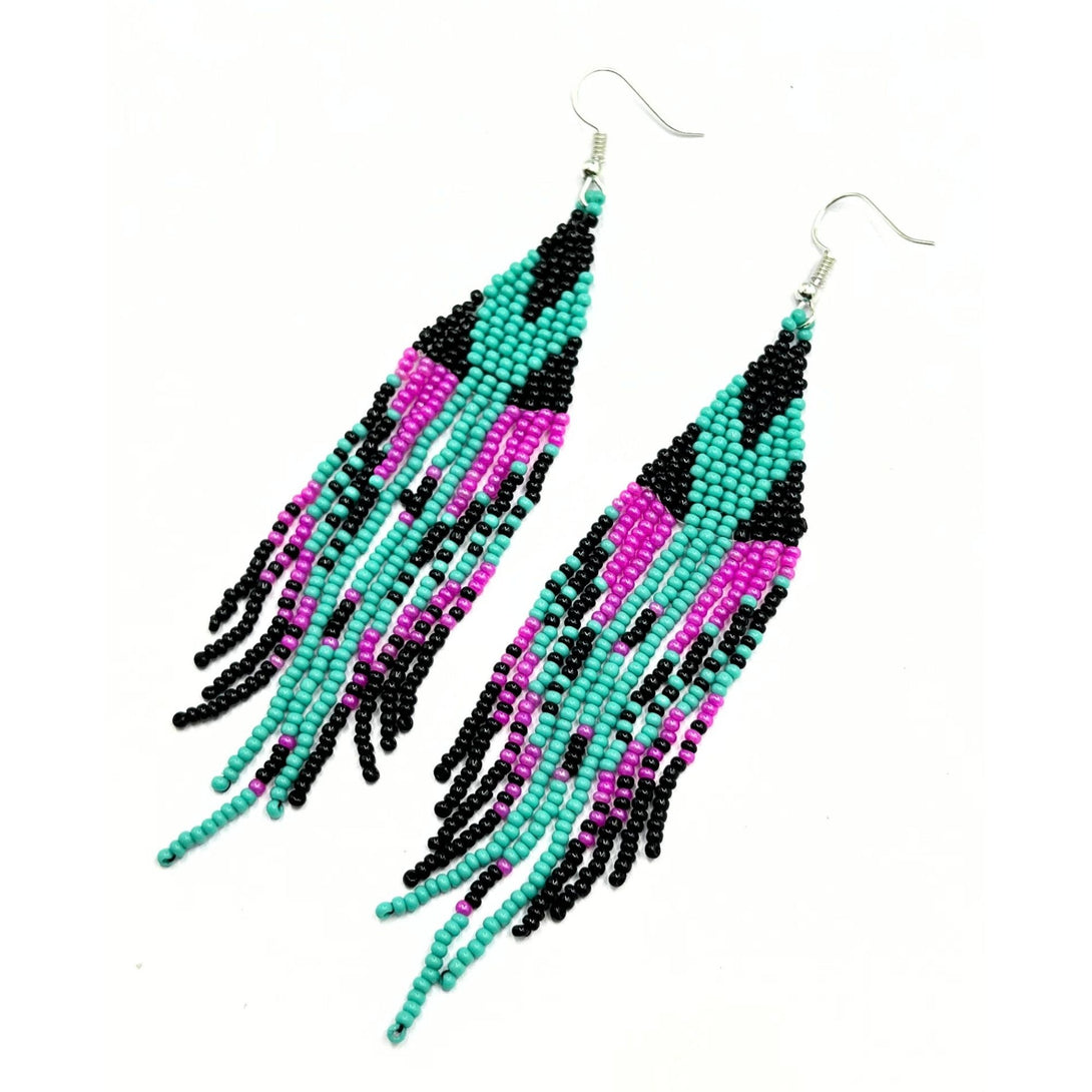 Handmade Turquoise, Pink, and Black Beaded Fringe Earrings by Vibhura-Vibhura