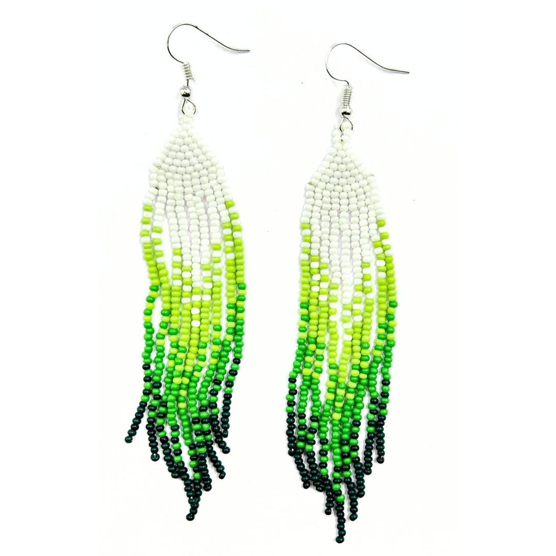 Handmade Green and White Beaded Ombre Fringe Earrings by Vibhura-Vibhura