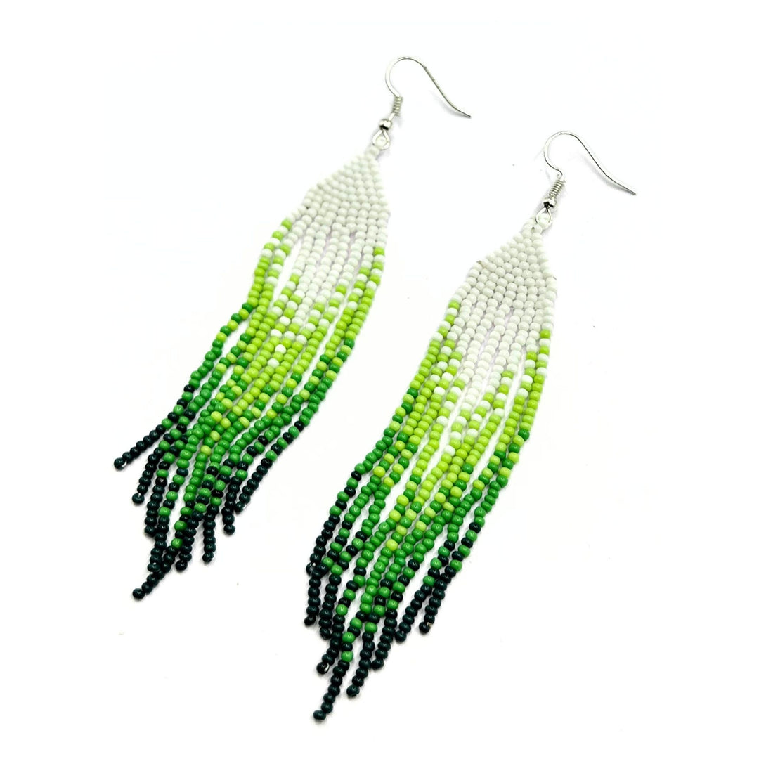 Handmade Green and White Beaded Ombre Fringe Earrings by Vibhura-Vibhura