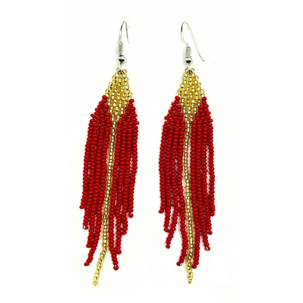 Handmade Red and Gold Beaded Fringe Earrings by Vibhura-Vibhura