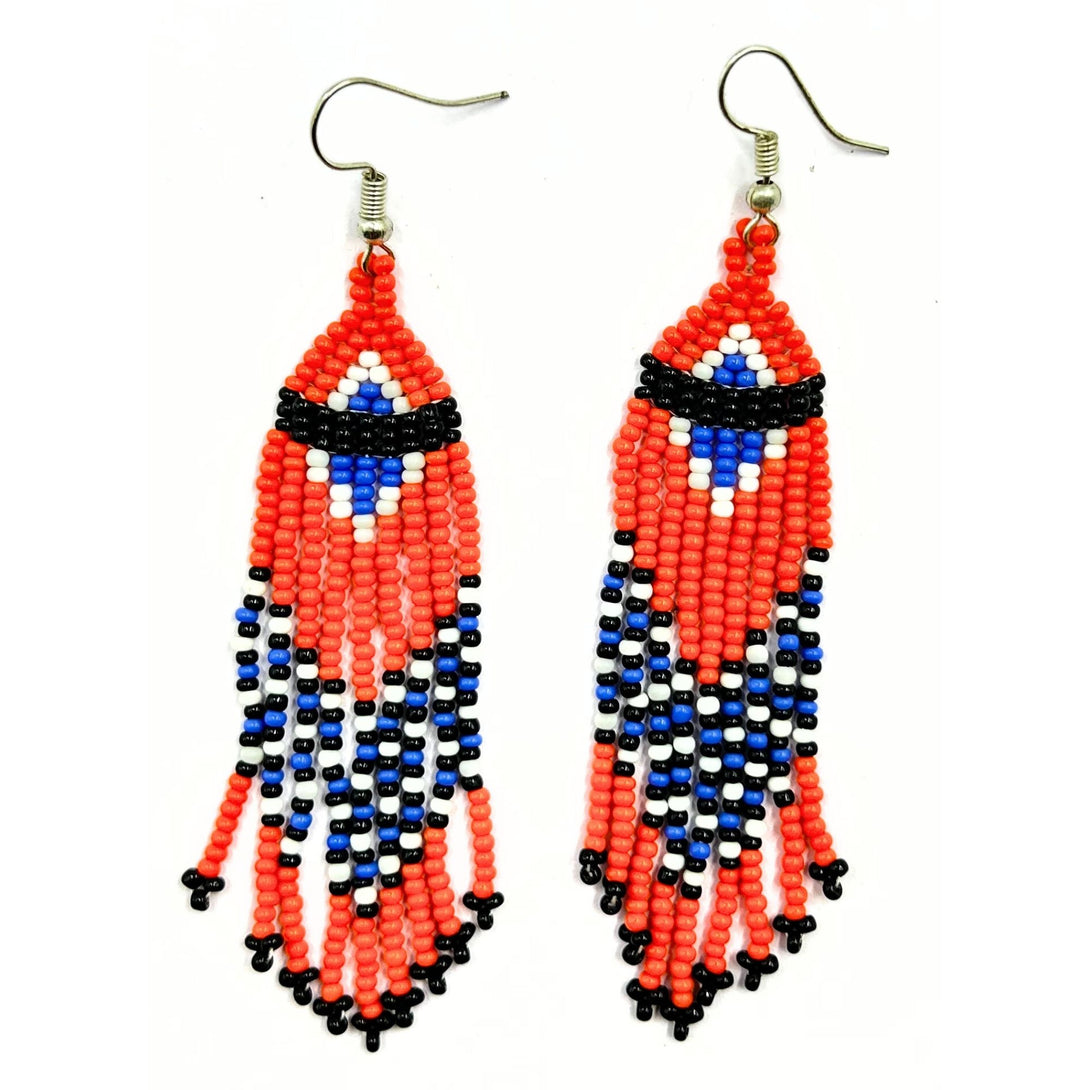 Handmade Red, Blue, and Black Beaded Geometric Fringe Earrings by Vibhura-Vibhura