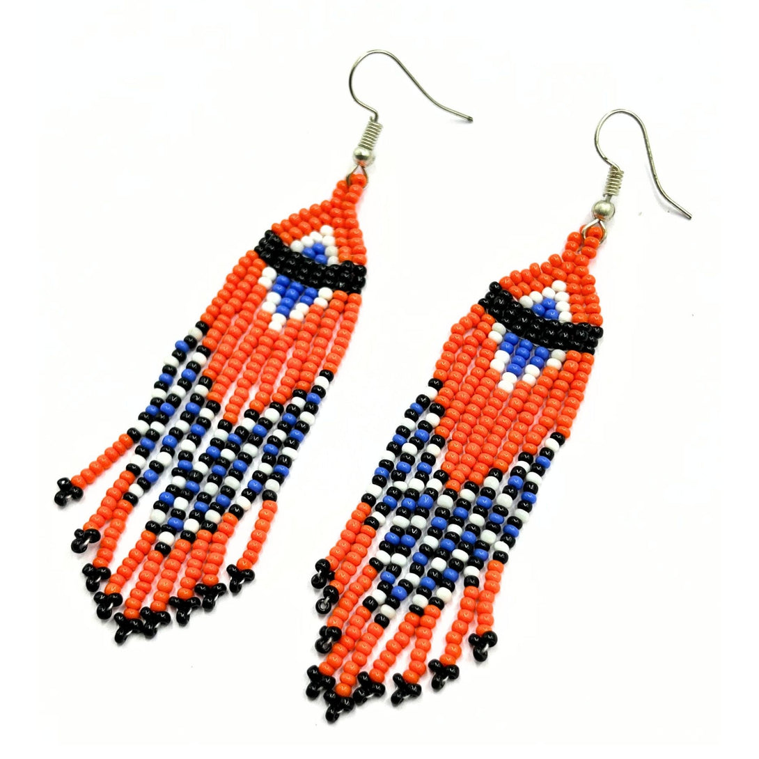 Handmade Red, Blue, and Black Beaded Geometric Fringe Earrings by Vibhura-Vibhura