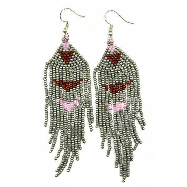 Silver & Pink Tribal Handmade Beaded Earrings by Vibhura-Vibhura