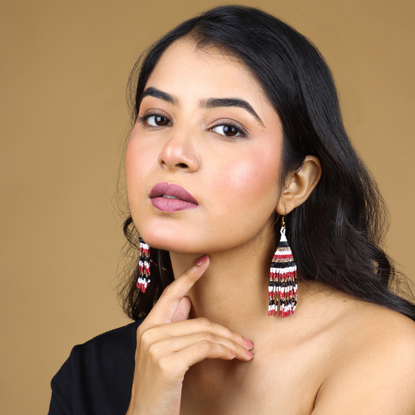 Striped Beaded Fringe Earrings in Red, Black, and White