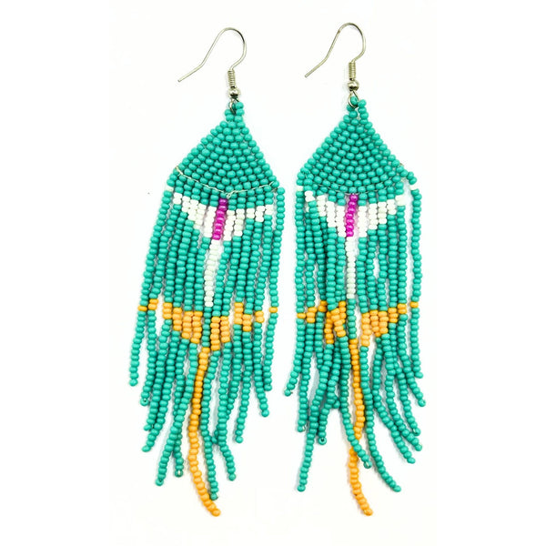 Handmade Teal and Orange Beaded Fringe Earrings-Vibhura