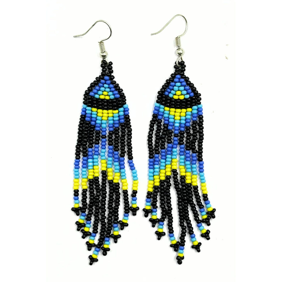 Handmade Blue and Yellow Beaded Fringe Earrings-Vibhura