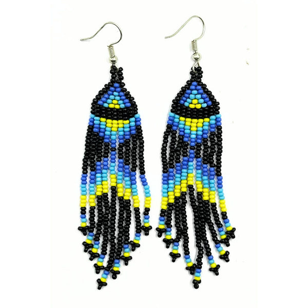 Handmade Blue and Yellow Beaded Fringe Earrings-Vibhura