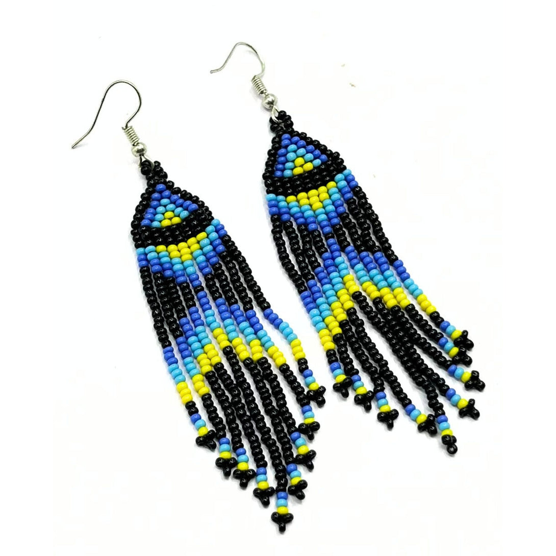 Handmade Blue and Yellow Beaded Fringe Earrings-Vibhura