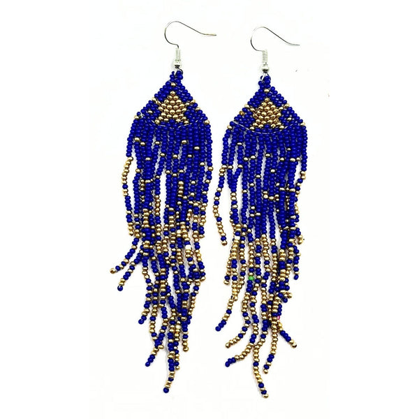 Handmade Royal Blue and Gold Beaded Fringe Earrings-Vibhura