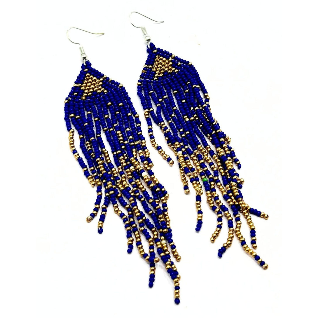 Handmade Royal Blue and Gold Beaded Fringe Earrings-Vibhura