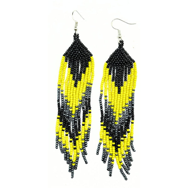 Handmade Yellow and Black Beaded Fringe Earrings-Vibhura