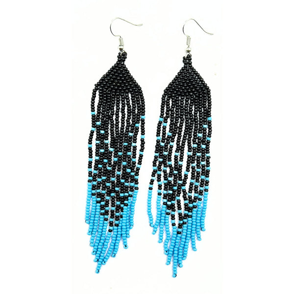 Handmade Black and Blue Beaded Fringe Earrings-Vibhura