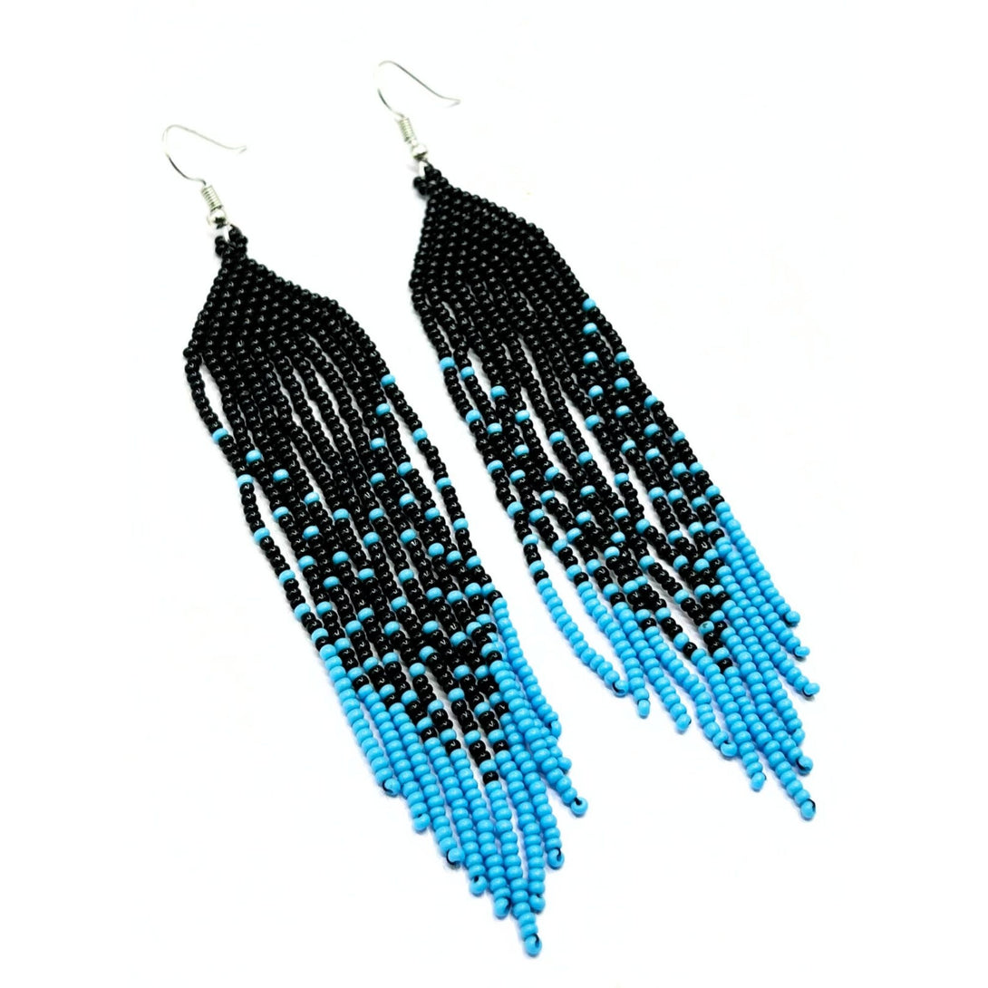 Handmade Black and Blue Beaded Fringe Earrings-Vibhura