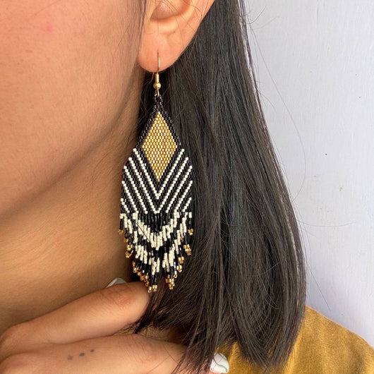 Handcrafted Beaded Earrings with Chevron Pattern in Black, White, and Gold-Vibhura