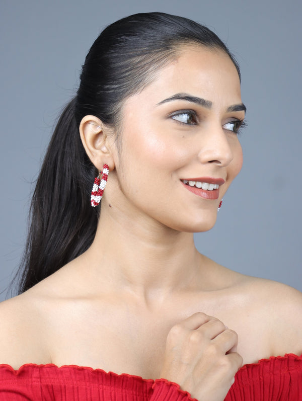 Red and White Beaded Hoop Earrings – Handmade by Vibhura