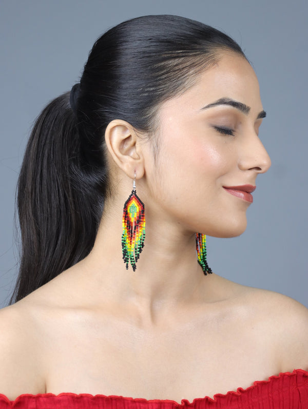 Vibrant Rainbow Feather Beaded Earrings by Vibhura