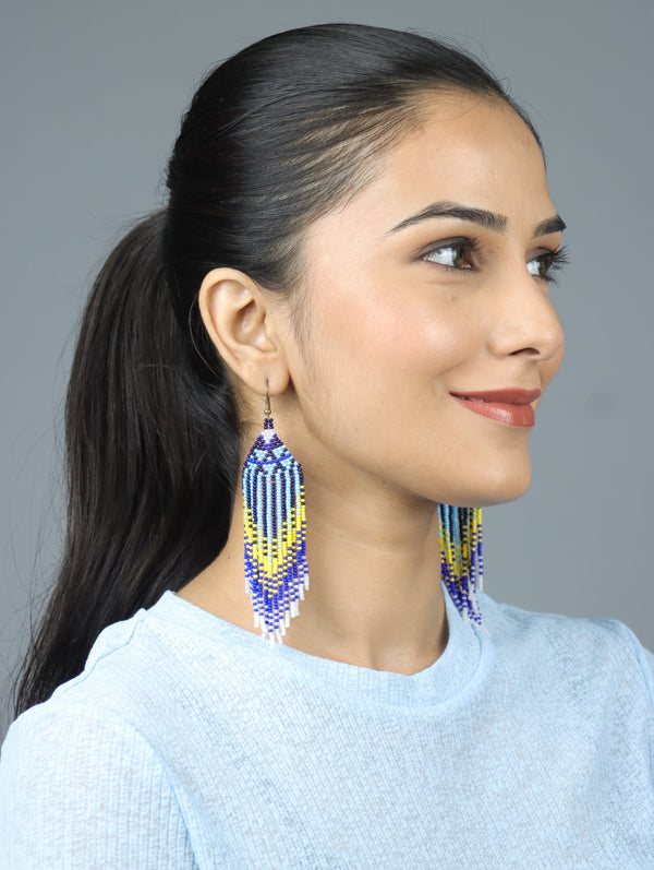 Yellow and Blue Patterned Beaded Earrings