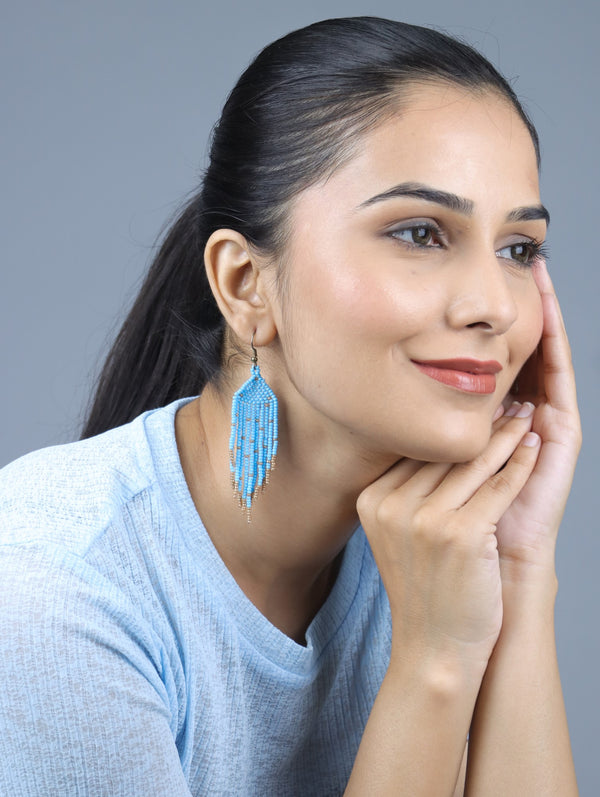 Turquoise and Gold Beaded Earrings with Fringe